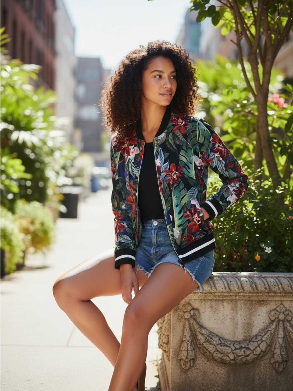 Resortwear Lightweight Satin Feel Floral Tropical Bomber Jacket C&C California M